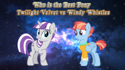 Size: 800x450 | Tagged: safe, twilight velvet, windy whistles, pegasus, pony, unicorn, g4, 2019, female, folded wings, galaxy, galaxy background, horn, mare, mom, text, vector, vs, wings, wings down