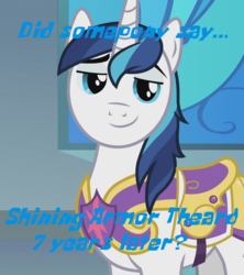 Size: 957x1078 | Tagged: safe, edit, edited screencap, screencap, shining armor, pony, g4, sparkle's seven, caption, continued, cropped, cute, image macro, male, sexy armor, shining adorable, silly, smiling, solo, text