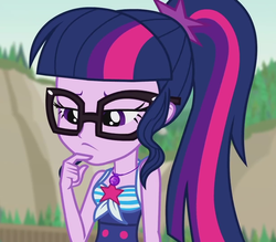 Size: 1233x1080 | Tagged: safe, screencap, sci-twi, twilight sparkle, equestria girls, friendship math, g4, my little pony equestria girls: better together, beach, beach babe, clothes, cropped, cute, female, geode of telekinesis, glasses, hmm, magical geodes, ponytail, sleeveless, solo, swimsuit, thinking, twiabetes