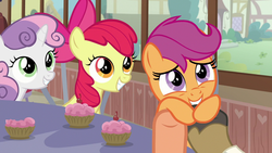 Size: 1280x720 | Tagged: safe, screencap, apple bloom, mane allgood, scootaloo, snap shutter, sweetie belle, earth pony, pegasus, pony, unicorn, g4, the last crusade, cupcake, cute, cutealoo, cutie mark crusaders, food, holding a pony, holding hooves, holding ponies by hooves