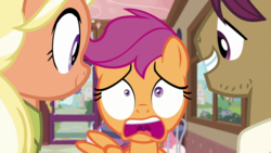 Size: 1920x1080 | Tagged: safe, screencap, mane allgood, scootaloo, snap shutter, earth pony, pegasus, pony, g4, the last crusade, diner, female, filly, foal, male, mare, shocked, shrunken pupils, stallion, varying degrees of want