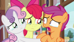 Size: 1920x1080 | Tagged: safe, screencap, apple bloom, scootaloo, sweetie belle, earth pony, pony, g4, the last crusade, crying, cutie mark crusaders, truth