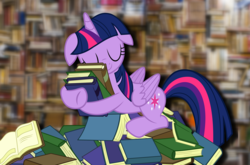 Size: 5096x3361 | Tagged: safe, artist:slb94, twilight sparkle, alicorn, pony, g4, book, book nest, female, floppy ears, mare, princess sleeping on books, solo, that pony sure does love books, twilight sparkle (alicorn), wallpaper