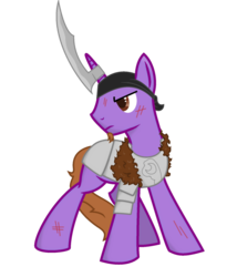 Size: 1280x1493 | Tagged: safe, artist:kalaverapastillera, oc, oc only, oc:ancient writing, pony, unicorn, cut, horn, horn blade, male, solo, stallion, weapon