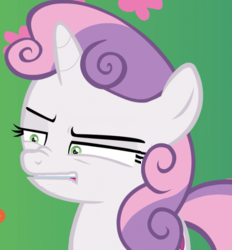Size: 232x250 | Tagged: safe, edit, edited screencap, screencap, scootaloo, sweetie belle, pony, unicorn, the big mac question, cropped, disgusted, do not want, female, filly, offscreen character, solo