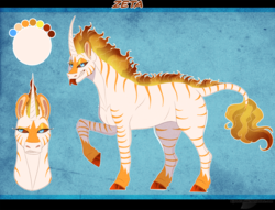 Size: 1257x958 | Tagged: safe, artist:bijutsuyoukai, oc, oc only, hybrid, pony, zebroid, zony, colored hooves, curved horn, forked tongue, horn, leonine tail, magical lesbian spawn, offspring, parent:daybreaker, parent:zecora, raised hoof, reference sheet, solo
