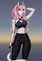 Size: 1752x2515 | Tagged: safe, artist:askbubblelee, oc, oc only, oc:rosie quartz, unicorn, anthro, abs, anthro oc, armpits, athletic, big breasts, breasts, cellphone, cleavage, clothes, female, fit, grin, leonine tail, lipstick, mare, midriff, pants, phone, pigtails, scar, slender, smiling, solo, thin, toned