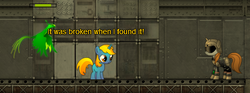 Size: 474x177 | Tagged: safe, oc, oc only, oc:littlepip, oc:pyrelight, unnamed oc, balefire phoenix, pony, unicorn, fallout equestria, game: fallout equestria: remains, female, filly, health bars, stable (vault), vault