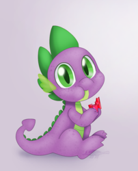 Size: 960x1186 | Tagged: safe, artist:imaplatypus, spike, dragon, g4, cute, eating, gem, gray background, looking at you, male, simple background, sitting, solo, spikabetes