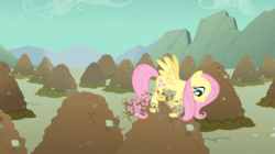 Size: 600x337 | Tagged: safe, edit, edited screencap, screencap, fluttershy, pegasus, pony, a dog and pony show, g4, digging, pile, sky