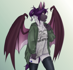 Size: 2639x2540 | Tagged: safe, artist:askbubblelee, oc, oc only, oc:midnight mural, bat pony, anthro, anthro oc, bat pony oc, chest fluff, clothes, cute, cute little fangs, digital art, fangs, female, freckles, high res, jacket, mare, neck fluff, ocbetes, shoulder freckles, smiling, solo