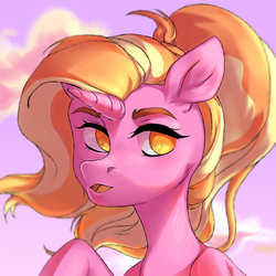 Size: 3000x3000 | Tagged: safe, artist:shininglovelystar, luster dawn, pony, unicorn, g4, the last problem, bust, cloud, female, high res, mare, no pupils, portrait, sky, solo, windswept mane
