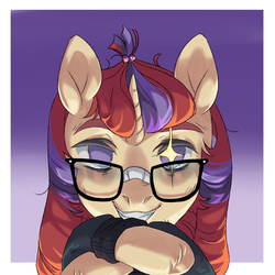 Size: 5000x5000 | Tagged: safe, artist:shininglovelystar, moondancer, pony, g4, crossed hooves, eye glint, female, grin, looking at you, purple background, simple background, smiling, solo