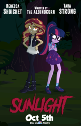Size: 1728x2699 | Tagged: dead source, safe, artist:wubcakeva, sci-twi, sunset shimmer, twilight sparkle, human, fanfic:sunlight, equestria girls, g4, choker, clothes, duo, fake, female, glasses, lesbian, looking at you, miniskirt, movie poster, ponytail, rebecca shoichet, red eyes, scared, ship:sunsetsparkle, shipping, shoes, skirt, socks, spiked choker, tara strong, the twilight zone, vampire shimmer