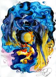 Size: 2492x3420 | Tagged: safe, artist:artmadebyred, princess celestia, princess luna, pony, g4, alternate design, ethereal mane, eye markings, high res, mirrored, moon, royal sisters, signature, sun, traditional art, watercolor painting, yin-yang