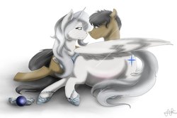 Size: 1091x733 | Tagged: safe, artist:scarletsfeed, oc, oc:dusty mirage, oc:shadow kreitz, alicorn, earth pony, pony, alicorn oc, couple, looking at each other, nuzzling, oc x oc, pregnant, shipping, simple background, white background