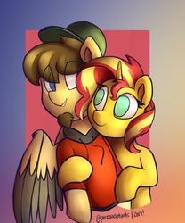 Size: 1194x1438 | Tagged: safe, artist:perezadotarts, sunset shimmer, oc, pegasus, pony, unicorn, g4, canon x oc, clothes, eye clipping through hair, hat, jacket, request, requested art, shipping, simple background, smiling
