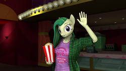 Size: 1920x1080 | Tagged: safe, artist:fluffsplosion, oc, oc only, oc:cucumbersalad, earth pony, anthro, 3d, female, food, lobby, popcorn, solo, source filmmaker, theater