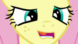 Size: 1280x720 | Tagged: safe, edit, edited screencap, screencap, fluttershy, pony, g4, sweet and smoky, bust, close-up, female, freckles, inverted mouth, mare, open mouth, portrait, solo, teeth
