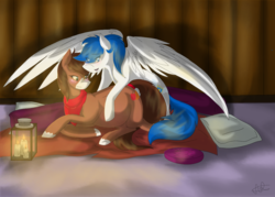 Size: 1394x997 | Tagged: safe, artist:scarletsfeed, oc, oc:autumn harvest, oc:master valor mccloud, earth pony, pegasus, pony, bandana, blanket, blushing, female, hoof on belly, lantern, looking at belly, male, mare, oc x oc, pillow, pregnant, shipping, spread wings, stallion, tail wrap, wings