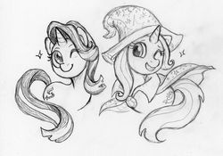 Size: 1760x1235 | Tagged: artist needed, source needed, safe, starlight glimmer, trixie, pony, unicorn, g4, cute, female, mare, monochrome, one eye closed, pencil drawing, simple background, smiling, traditional art, white background, wink