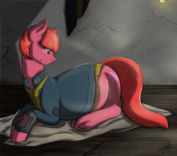Size: 975x859 | Tagged: safe, artist:scarletsfeed, oc, oc:cherry blossom, earth pony, pony, fallout equestria, blushing, clothes, female, jumpsuit, mare, pipboy, pipbuck, pregnant, vault suit