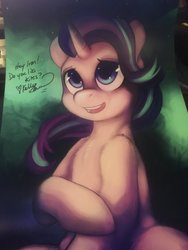 Size: 1536x2048 | Tagged: safe, artist:halley-valentine, starlight glimmer, pony, unicorn, g4, anatomically incorrect, autograph, cute, female, glimmerbetes, human shoulders, kelly sheridan, mare, photo, sitting, solo