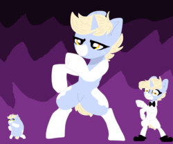 Size: 1624x1349 | Tagged: safe, artist:nootaz, oc, oc only, oc:nootaz, pony, unicorn, animated, bipedal, bowtie, clothes, dancing, female, gang-star dance, gif, gif party, gradient background, jojo's bizarre adventure, mare, party in the comments, ponified, self paradox, self ponidox, torture dance, trio, tuxedo