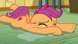 Size: 1920x1080 | Tagged: safe, screencap, scootaloo, pegasus, pony, g4, the last crusade, covering, crying, cutie mark, female, filly, floppy ears, solo, the cmc's cutie marks