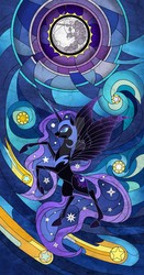 Size: 1600x3045 | Tagged: safe, artist:kanochka, nightmare moon, alicorn, pony, g4, ethereal mane, female, full moon, mare, mare in the moon, moon, rearing, shooting star, stained glass, starry mane