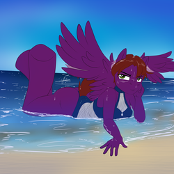 Size: 2000x2000 | Tagged: safe, artist:zcomic, oc, oc only, oc:feather piercer, oc:feather-piercer, oc:featherpiercer, pegasus, anthro, unguligrade anthro, beach, clothes, female, high res, niclove, solo, swimsuit, wave, wet