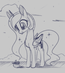 Size: 1320x1482 | Tagged: safe, artist:dusthiel, princess luna, alicorn, pony, g4, candy, cute, female, food, lunabetes, mare, monochrome, pumpkin bucket, sketch, smiling, solo, tongue out