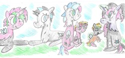 Size: 2133x997 | Tagged: safe, artist:ptitemouette, oc, oc:cricket thunder, oc:drosophile, oc:glowing radiance, oc:ladybug, oc:mantis, oc:rainbow bug, hybrid, aunt and niece, cousins, female, filly, grandmother and granddaughter, interspecies offspring, magical lesbian spawn, mother and daughter, oc x oc, offspring, parent:king sombra, parent:oc:cotton wing, parent:oc:drosophile, parent:oc:fluffle puff, parent:oc:glowing radiance, parent:oc:ladybug, parent:oc:rainbow bug, parent:oc:sweet rain, parent:queen chrysalis, parent:radiant hope, parents:canon x oc, parents:chrysipuff, parents:hopebra, shipping, siblings, sisters