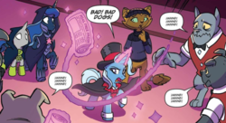 Size: 1280x695 | Tagged: safe, artist:tonyfleecs, idw, capper dapperpaws, princess luna, trixie, abyssinian, alicorn, diamond dog, pony, unicorn, g4, nightmare knights, spoiler:comic, spoiler:comicnightmareknights02, disguise, dogs doing dog things, female, foal free press, male, mare, newspaper, stallion, starry night terror, the alley cat, the dark horse, the great and powerful roxy, unnamed character, unnamed diamond dog