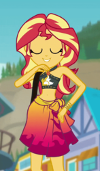Size: 586x1000 | Tagged: safe, screencap, sunset shimmer, equestria girls, equestria girls specials, g4, my little pony equestria girls: better together, my little pony equestria girls: forgotten friendship, adorasexy, beach, belly button, bikini, bikini babe, bikini top, blurry background, building, clothes, cropped, cute, eyes closed, female, forest background, geode of empathy, jewelry, legs, magical geodes, midriff, necklace, outdoors, pose, sarong, sexy, shimmerbetes, shoulder bag, sky, sleeveless, smiling, solo, sun, sunset selfie, swimsuit, wristband