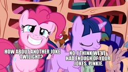 Size: 960x540 | Tagged: safe, edit, edited screencap, screencap, pinkie pie, twilight sparkle, friendship is magic, g4, caption, golden oaks library, grin, image macro, joker (2019), reference, smiling, text, this will end in death