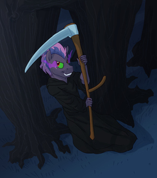 Size: 930x1050 | Tagged: safe, artist:carnifex, oc, oc only, anthro, forest, grin, robes, scythe, smiling, sombra eyes, tree