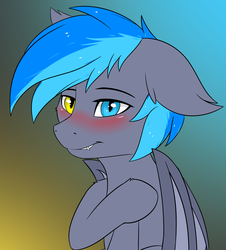 Size: 1885x2083 | Tagged: safe, artist:snowstormbat, oc, oc only, oc:midnight snowstorm, bat pony, pony, blushing, heterochromia, looking at you, male, solo