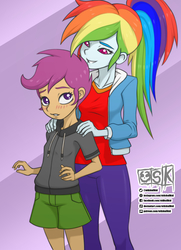 Size: 1445x2000 | Tagged: safe, artist:oldskullkid, rainbow dash, scootaloo, equestria girls, age difference, blushing, clothes, female, hoodie, lesbian, looking at you, scootadash, shipping, shirt, shorts, smiling