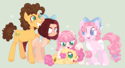 Size: 945x515 | Tagged: safe, artist:nocturnal-moonlight, cheese sandwich, li'l cheese, pinkie pie, oc, oc:bubblegum bliss, oc:raspberry cupcake, pony, g4, the last problem, base used, family, female, male, offspring, parent:cheese sandwich, parent:pinkie pie, parents:cheesepie, ship:cheesepie, shipping, straight