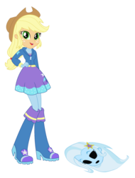 Size: 1368x1797 | Tagged: safe, edit, applejack, trixie, equestria girls, g4, applejack's hat, bodysuit, boots, clothes, clothes swap, costume, cowboy hat, cutie mark accessory, disguise, dress, eye holes, female, freckles, hairpin, hand on hip, hat, head, high heel boots, hoodie, kneesocks, low ponytail, mask, mask on ground, masking, mouth hole, open mouth, open smile, shoes, simple background, smiling, socks, stetson, swap, transparent background, trixie suit, trixie's boots
