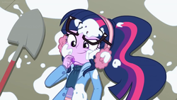 Size: 1600x900 | Tagged: safe, screencap, sci-twi, twilight sparkle, blizzard or bust, equestria girls, equestria girls series, g4, holidays unwrapped, spoiler:eqg series (season 2), clothes, coat, cute, female, geode of telekinesis, glasses, jewelry, lying down, magical geodes, messy, necklace, ponytail, shovel, snow, solo, twiabetes, winter outfit