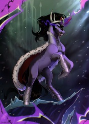 Size: 687x960 | Tagged: safe, artist:dark-fox01, king sombra, pony, umbrum, unicorn, g4, armor, cape, clothes, crystal castle, dark magic, fangs, magic, male, open mouth, rearing, snow, solo, sombra eyes, stallion