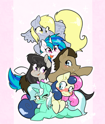 Size: 2550x3000 | Tagged: safe, artist:purrling, bon bon, derpy hooves, dj pon-3, doctor whooves, lyra heartstrings, octavia melody, sweetie drops, time turner, vinyl scratch, earth pony, pegasus, pony, unicorn, g4, adorabon, background six, blushing, bon bon is not amused, cute, derpabetes, doctorbetes, ear fluff, female, high res, lesbian, lyrabetes, male, mare, one eye closed, open mouth, profile, ship:lyrabon, shipping, stallion, tavibetes, unamused, vinylbetes, wink