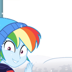 Size: 655x655 | Tagged: safe, edit, edited screencap, screencap, rainbow dash, blizzard or bust, equestria girls, equestria girls specials, g4, my little pony equestria girls: better together, my little pony equestria girls: holidays unwrapped, background removed, clothes, cropped, female, simple background, snow, solo, toque, transparent background, window, winter outfit