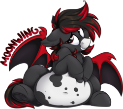 Size: 1902x1683 | Tagged: safe, artist:mulberrytarthorse, oc, oc only, oc:moonwing, bat pony, hybrid, pony, badge, belly, belly button, bhm, big belly, chubby, fat, heart, heart eyes, male, simple background, solo, transparent background, wingding eyes