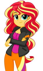 Size: 681x1135 | Tagged: safe, artist:rosemile mulberry, sunset shimmer, equestria girls, g4, clothes, crossed arms, cute, female, jacket, pants, shimmerbetes, simple background, smiling, solo, white background