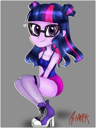 Size: 1536x2042 | Tagged: safe, artist:artmlpk, sci-twi, twilight sparkle, equestria girls, g4, alternate hairstyle, clothes, converse, cute, design, female, looking at you, shoes, smiling, solo, tank top