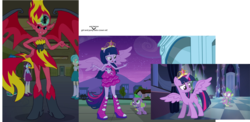 Size: 2710x1326 | Tagged: safe, edit, edited edit, screencap, spike, sunset shimmer, tennis match, thunderbass, twilight sparkle, velvet sky, alicorn, demon, dog, dragon, pony, equestria girls, g4, my little pony equestria girls, background human, big crown thingy, boots, clothes, comparison, crown, dress, element of magic, fall formal outfits, high heel boots, jewelry, ponied up, ponytail, reference, regalia, shoes, size comparison, sparkles, spike the dog, sunset satan, twilight ball dress, twilight sparkle (alicorn), wings