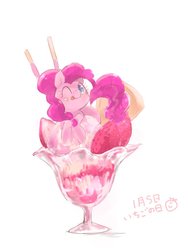 Size: 768x1024 | Tagged: safe, artist:peparonipizza, pinkie pie, earth pony, pony, g4, cup, cup of pony, cute, diapinkes, female, food, ice cream, mare, micro, one eye closed, ponies in food, simple background, solo, strawberry, tongue out, white background, wink